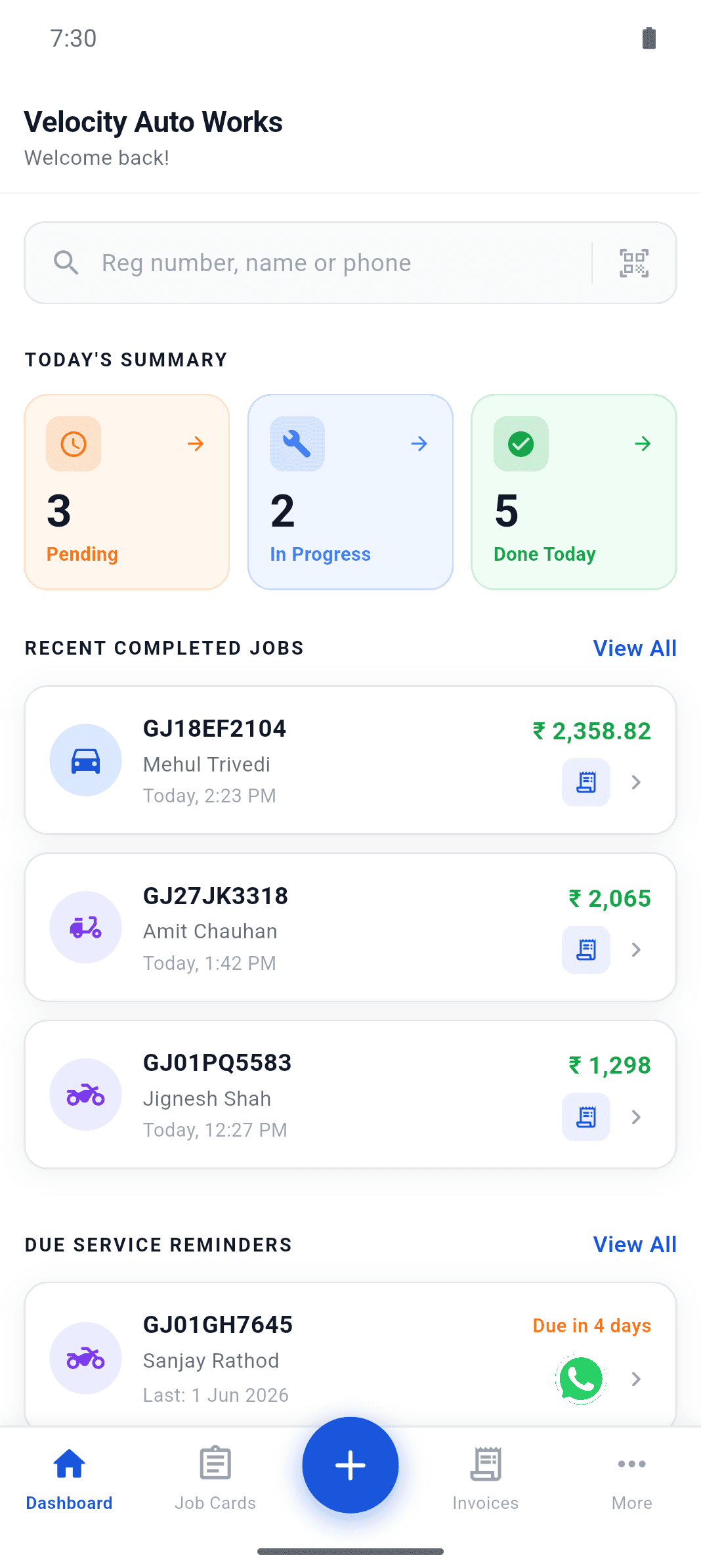 Garagely dashboard showing today's pending, in-progress and completed jobs