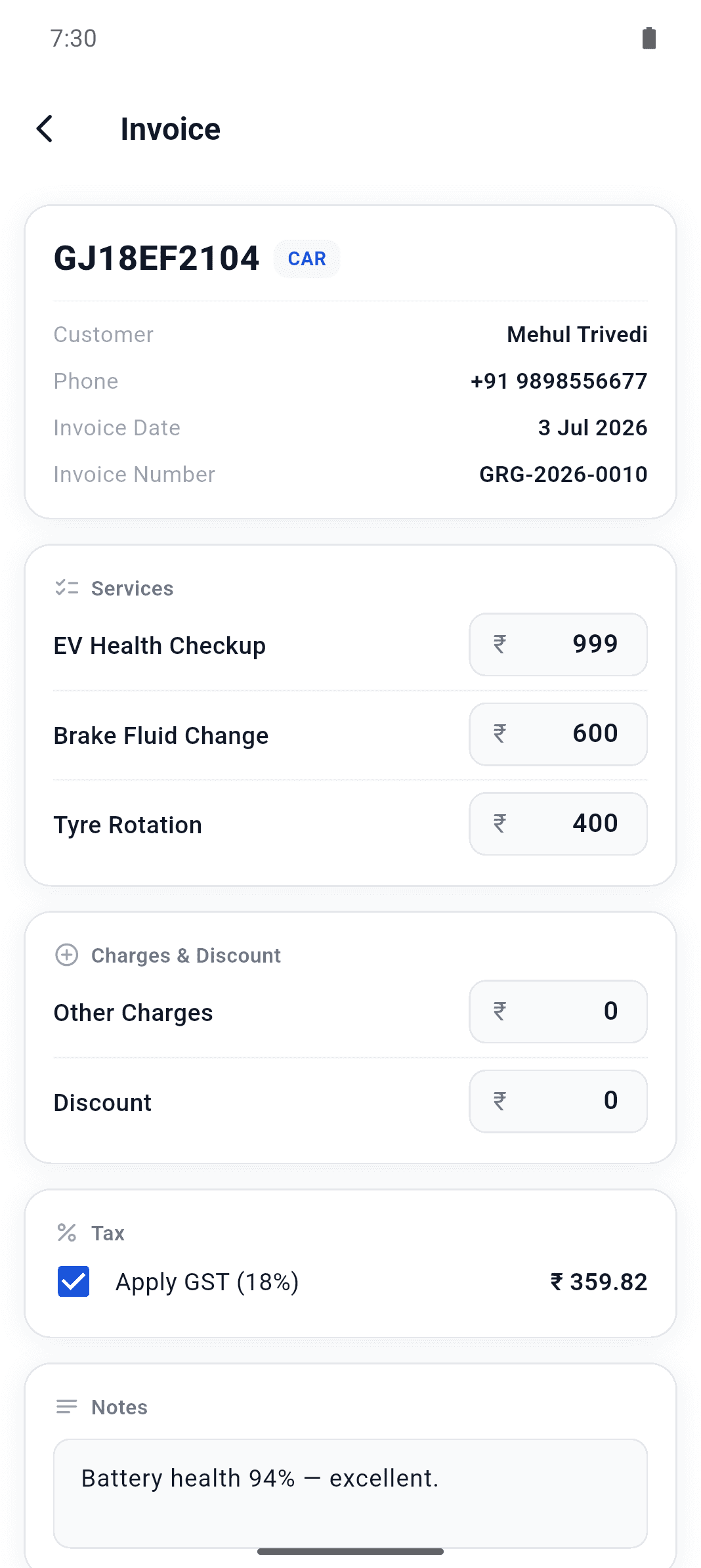 Garagely invoice with services, GST and totals