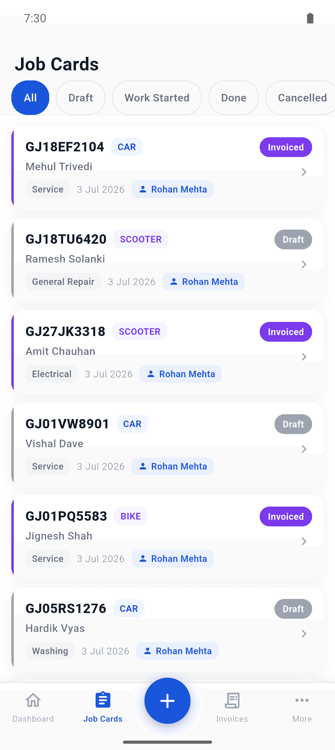Garagely job cards list with status filters
