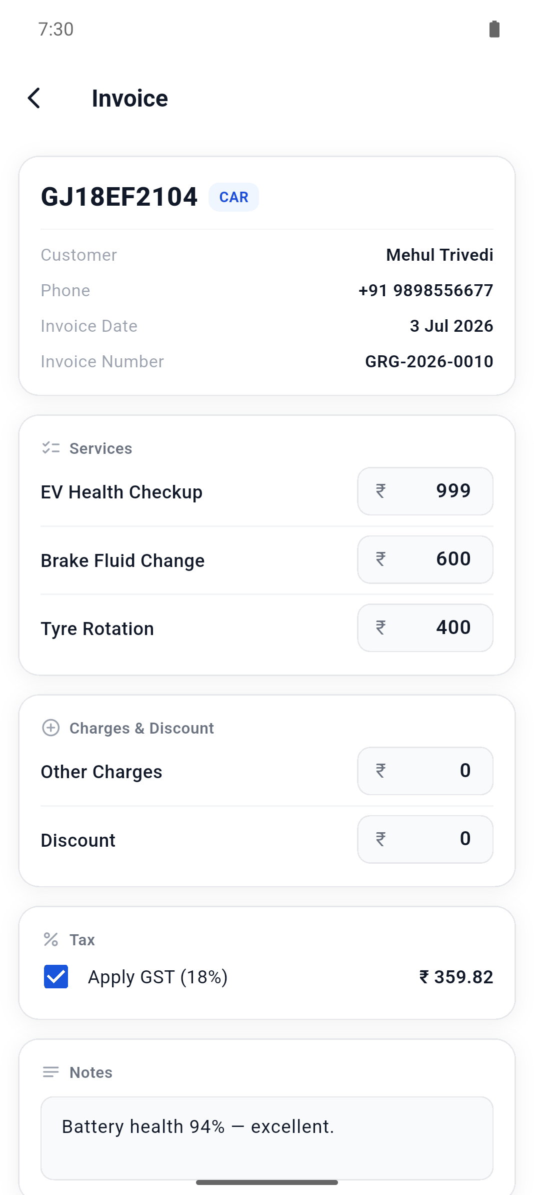 Garagely invoice with services, GST and totals