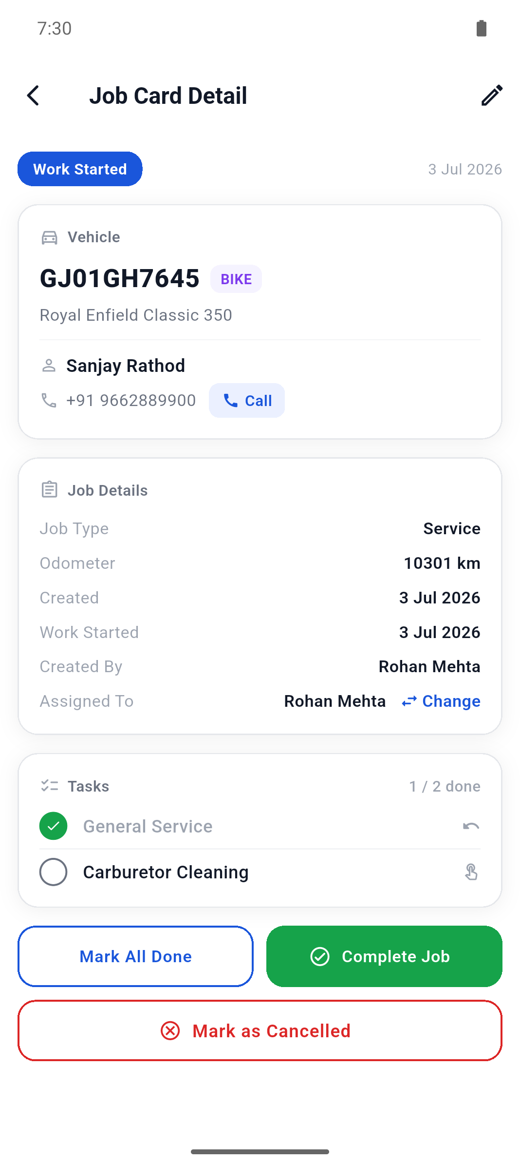 The Garagely mobile app showing the same garage's job card at the vehicle