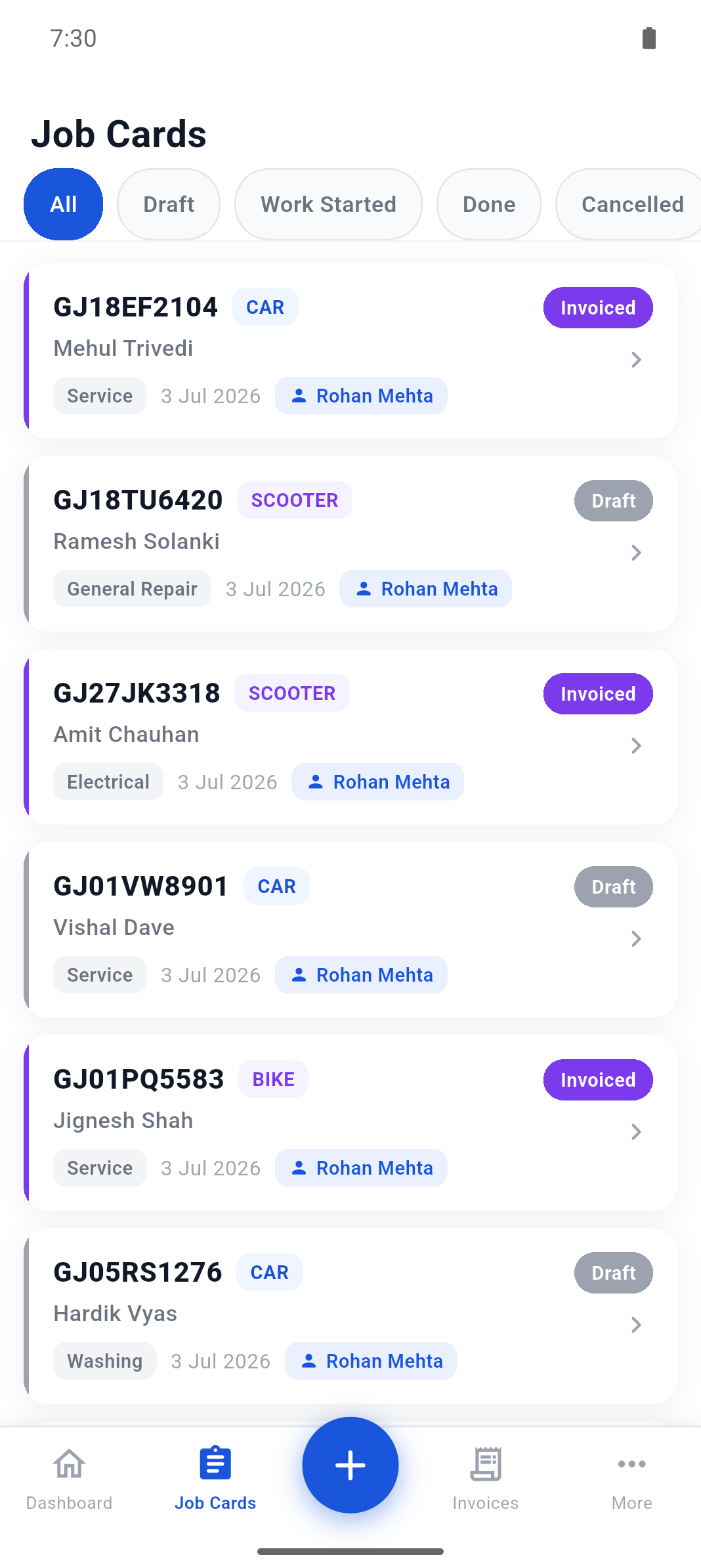 Garagely job cards list with status filters